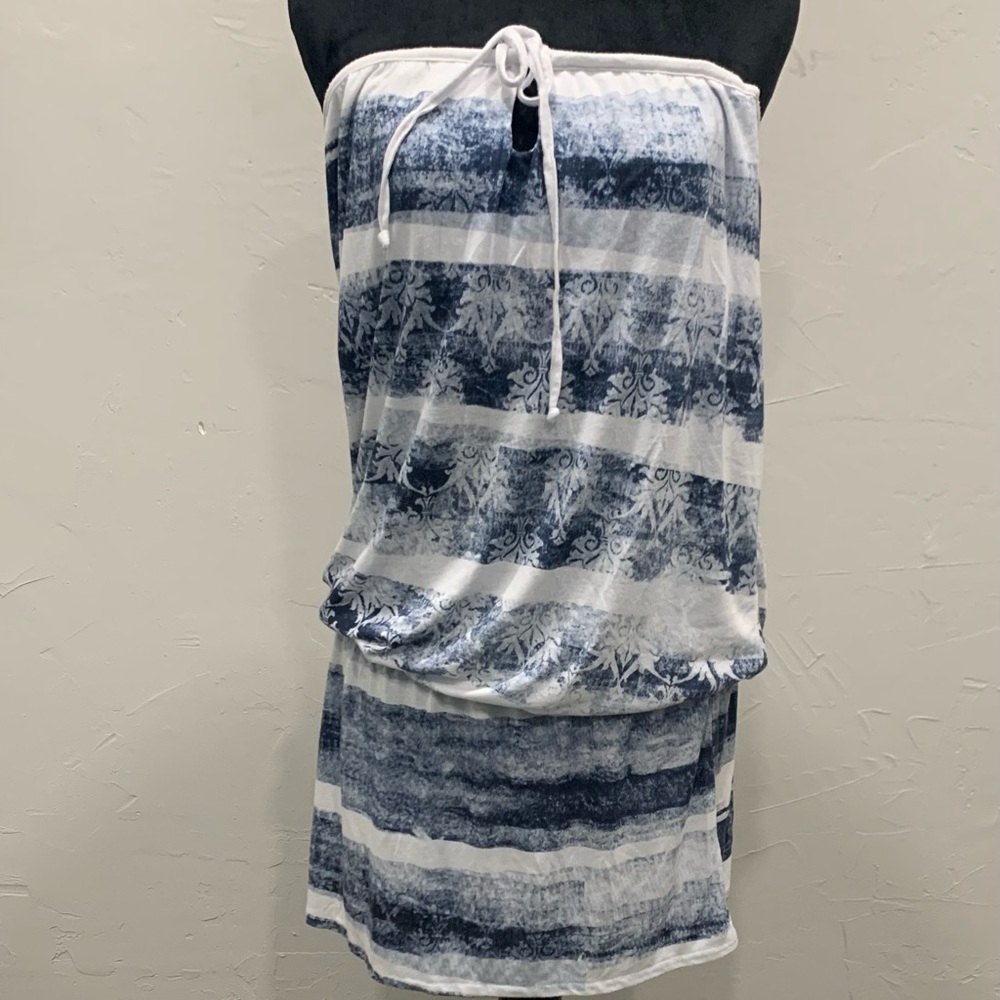 Women's Strapless Navy and White Swim Cover-Up Dress